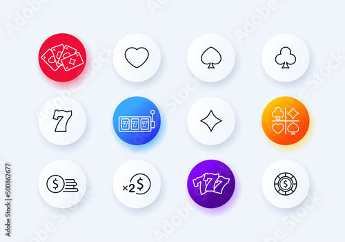 Casino icons set. Poker cards. Rates. Card suits. Slot machines. Earnings. Playing chips. Neomorphism style.