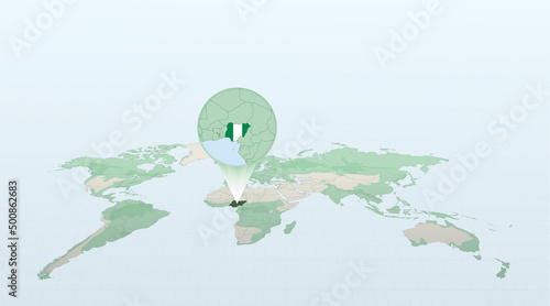 World map in perspective showing the location of the country Nigeria with detailed map with flag of Nigeria.