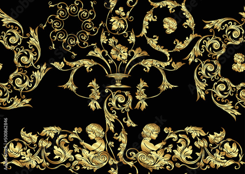 Seamless pattern, background In baroque, rococo, victorian, renaissance style. Trendy frolar vintage pattern. In gold and black vector illustration
