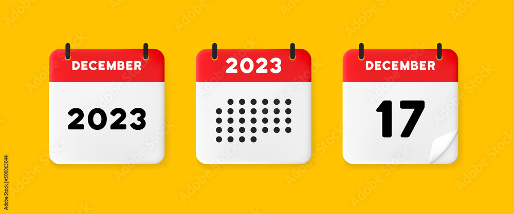 Calendar icon. December. 2023 17 day. The concept of waiting for an important date. Calendar with raised pages. Red calendar isolated on yellow background. 3d vector illustration. - obrazy, fototapety, plakaty 
