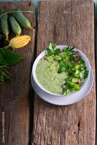 gazpacho cold soup close up. detox diet. Vegetarian dish.