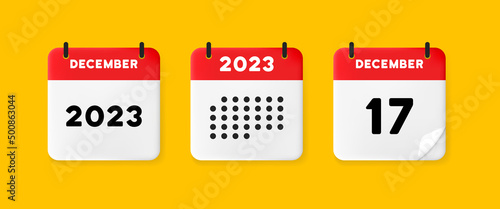 Calendar icon. December. 2023 17 day. The concept of waiting for an important date. Calendar with raised pages. Red calendar isolated on yellow background. 3d vector illustration. photo