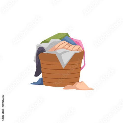 Basket with dirty laundry before washing, on white background vector flat illustration.
