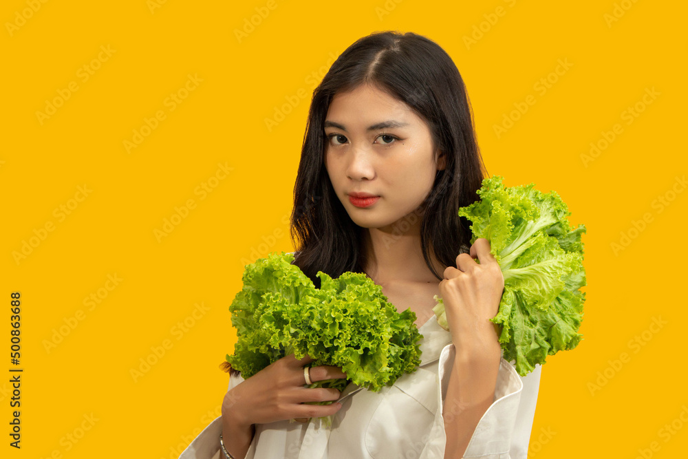 Vegetarian concept, Healthy woman eating fresh lettuce for diet food on isolated yellow background Vegetarian concept, Healthy woman eating fresh lettuce for diet food on isolated yellow background