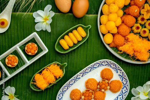Thai traditional dessert concept, Assorted thai desserts served in a plate for auspicious day