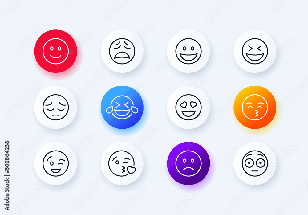 Reaction icons set. Smilies. Reaction to a message. Joy, sadness, sadness and love. Neomorphism style. Reaction icons set. Smilies. Reaction to a message. Joy, sadness, sadness and love. Neomorphism style.