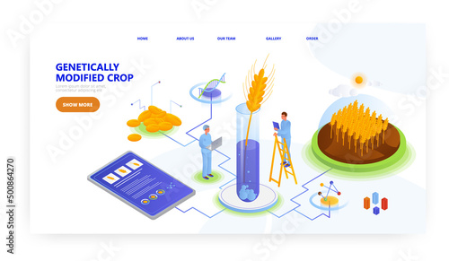 Genetically modified crop, landing page design, website banner vector template. GMO wheat research in science lab.