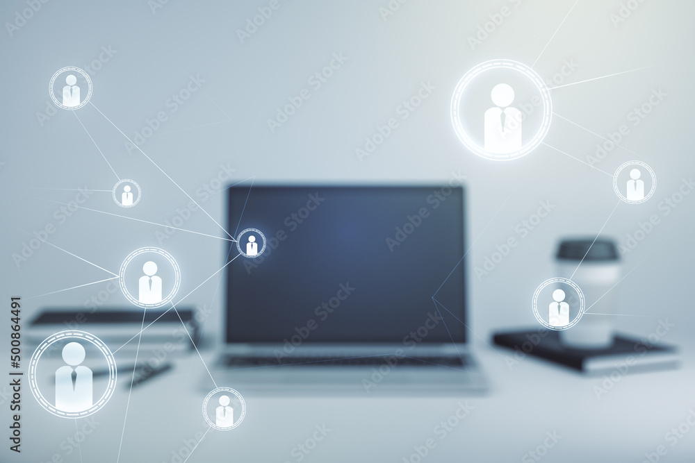 Double exposure of social network icons concept with computer on background. Networking concept Double exposure of social network icons concept with computer on background. Networking concept