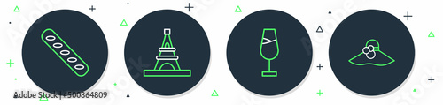 Set line Eiffel tower, Wine glass, French baguette bread and Elegant women hat icon. Vector