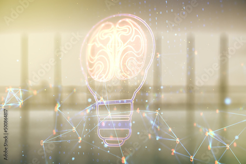 Abstract virtual light bulb illustration with human brain on modern interior background, future technology concept. Multiexposure