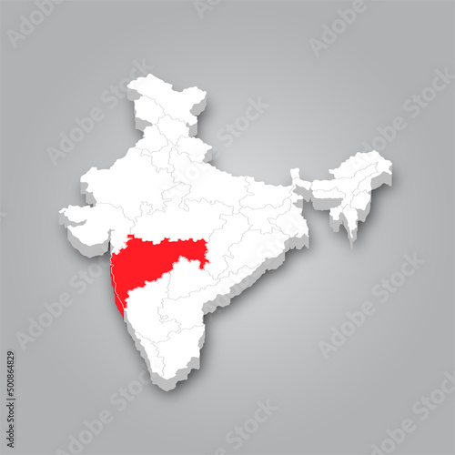 3D Map of India and the Location of the State of Maharashtra Marked in Red.