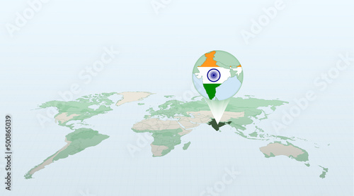 World map in perspective showing the location of the country India with detailed map with flag of India.