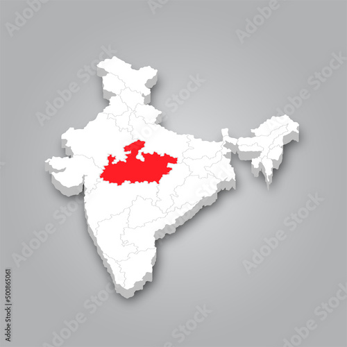 Political Map of India 3D Map of India and Map of Madhya Pradesh are Marked in Red. photo