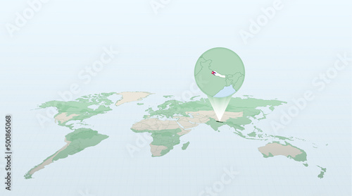 World map in perspective showing the location of the country Nepal with detailed map with flag of Nepal.