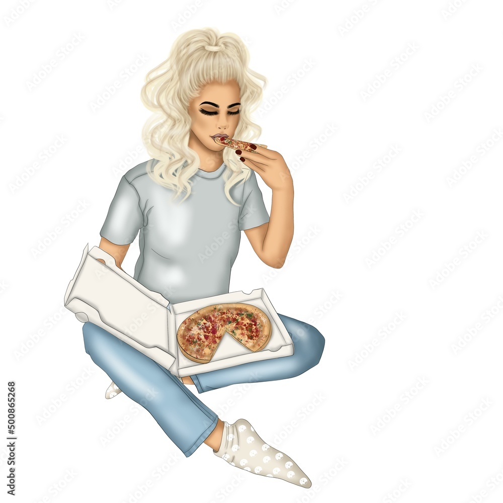 Blonde Girl Eating Pizza Isolated On A White Background Hand Drawn Illustration	