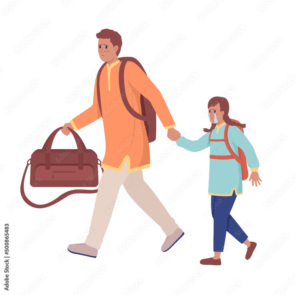 Father with girl running away from bombing semi flat color vector characters. Distressed figures. Full body people on white. Simple cartoon style illustration for web graphic design and animation Father with girl running away from bombing semi flat color vector characters. Distressed figures. Full body people on white. Simple cartoon style illustration for web graphic design and animation