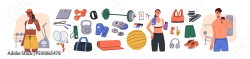 Sport equipment, gym accessory, people athlete set. Dumbbell, barbell, fitness ball, yoga mat, bag, sportswear for training. Workout stuff bundle. Flat vector illustration isolated on white background