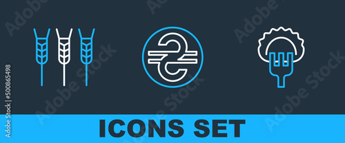 Set line Dumplings on fork, Wheat and Ukrainian hryvnia icon. Vector