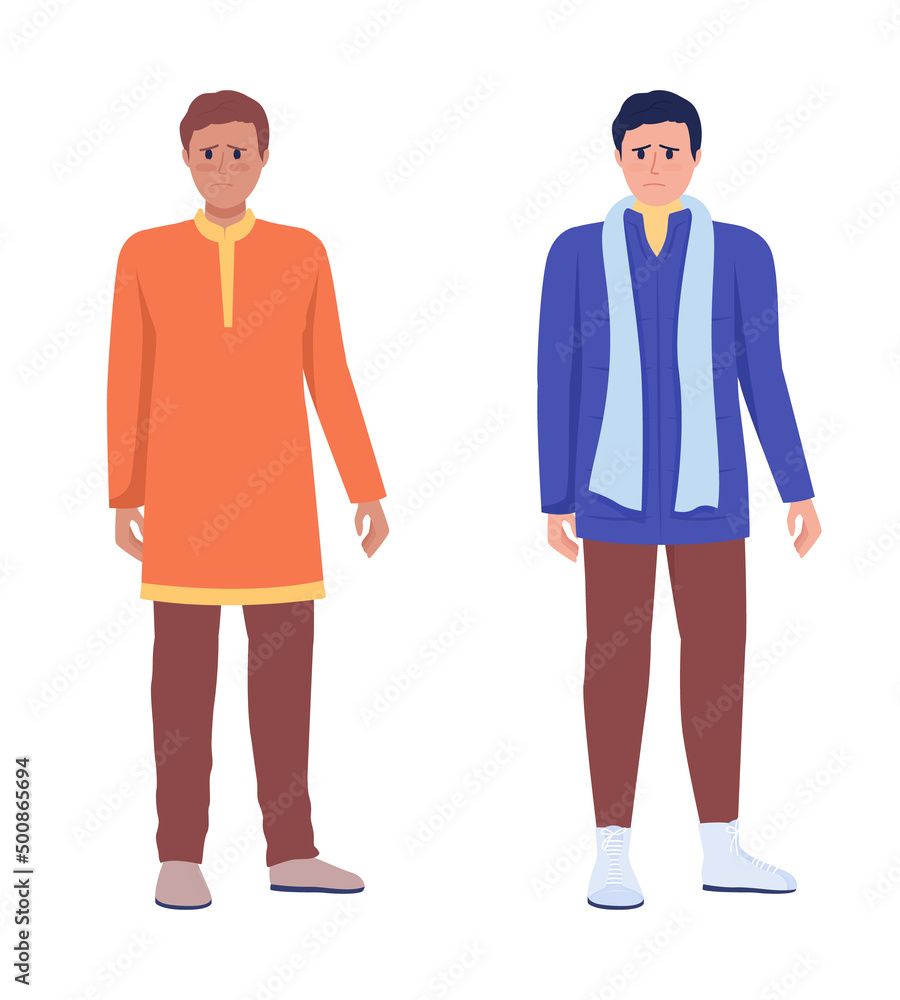 Male asylum seekers semi flat color vector characters set. Downhearted figures. Full body people on white. Simple cartoon style illustration collection for web graphic design and animation