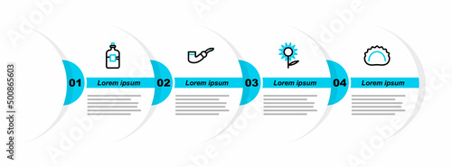 Set line Dumplings, Sunflower, Smoking pipe and Bottle of vodka icon. Vector