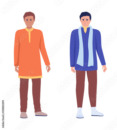 Male asylum seekers semi flat color vector characters set. Downhearted figures. Full body people on white. Simple cartoon style illustration collection for web graphic design and animation