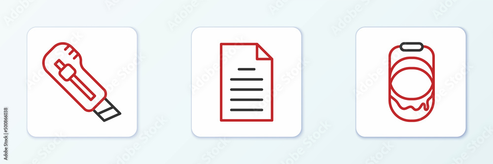 Set line Paint bucket, Stationery knife and File document icon. Vector Set line Paint bucket, Stationery knife and File document icon. Vector