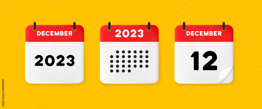 Calendar icon. December. 2023 12 day. The concept of waiting for an important date. Calendar with raised pages. Red calendar isolated on yellow background. 3d vector illustration. - obrazy, fototapety, plakaty 