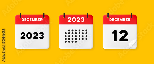 Calendar icon. December. 2023 12 day. The concept of waiting for an important date. Calendar with raised pages. Red calendar isolated on yellow background. 3d vector illustration.