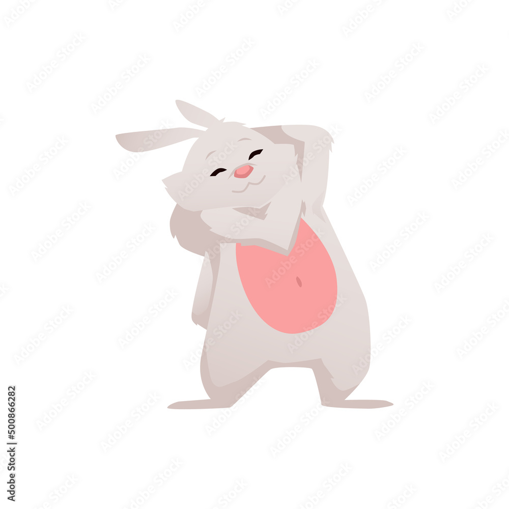 Pleased cartoon rabbit with pink belly flat style, vector illustration