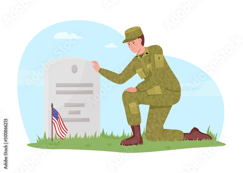 Memorial day in America 2D vector isolated illustration. Sad soldier on friend gave flat character on cartoon background. Fallen hero colourful scene for mobile, website, presentation