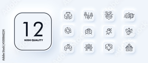 Virtual reality icons set. virtual area. Panorama. Orientation in space. Newest technologies. Fun time. Virtual reality helmet. 3D objects. 360 degrees. Neomorphism style.