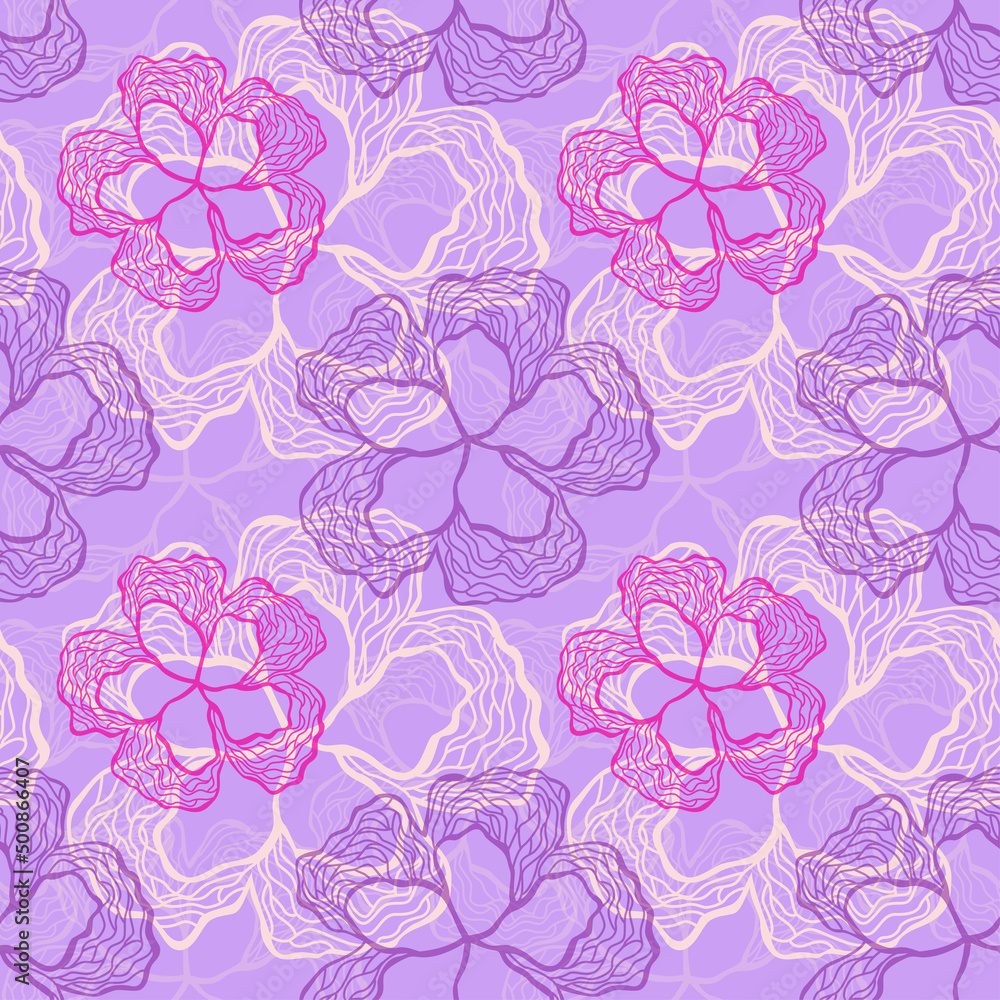 Vector flower pattern. Floral doodle background. Translucent romantic seamless pattern. Chic flourish wallpaper