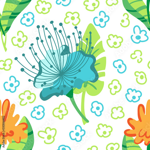 Blue romantic flowers in folk style on white background.
