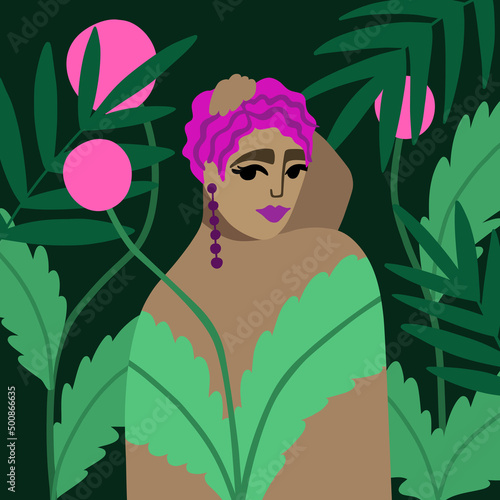Afro girl with short hair and bare back in tropical leaves and flowers