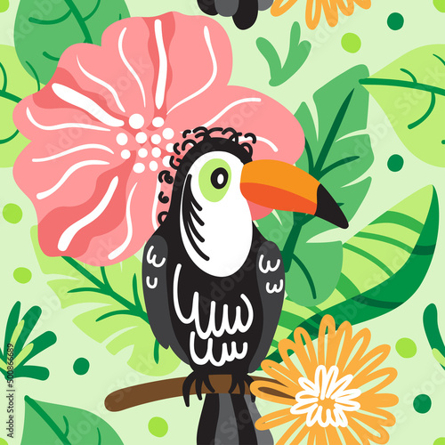 Pattern with toucan, tropical leaves and exotic flowers. Flat design background.
