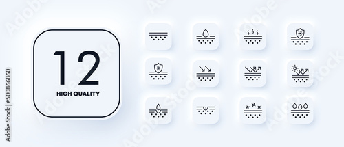 Skin influence icons set. Protection of the skin from the sun, cold, moisture. Ray protection. Skin restoration. Neomorphism style. vector eps 10
