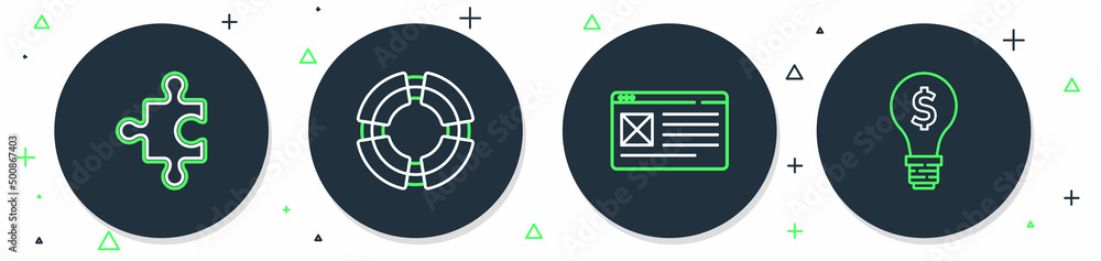 Set line Business lifebuoy, Browser window, Piece of puzzle and Light bulb with dollar icon. Vector Set line Business lifebuoy, Browser window, Piece of puzzle and Light bulb with dollar icon. Vector