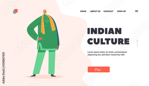 Culture and Fashion of India Landing Page Template. Elderly Indian Man wear Green Long Robe, Yellow Turban and Pants
