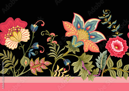 Fantasy flowers in retro, vintage, jacobean embroidery style. Border line seamless pattern on black background. Vector illustration.