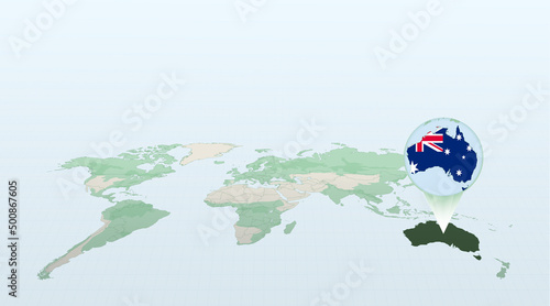 World map in perspective showing the location of the country Australia with detailed map with flag of Australia.