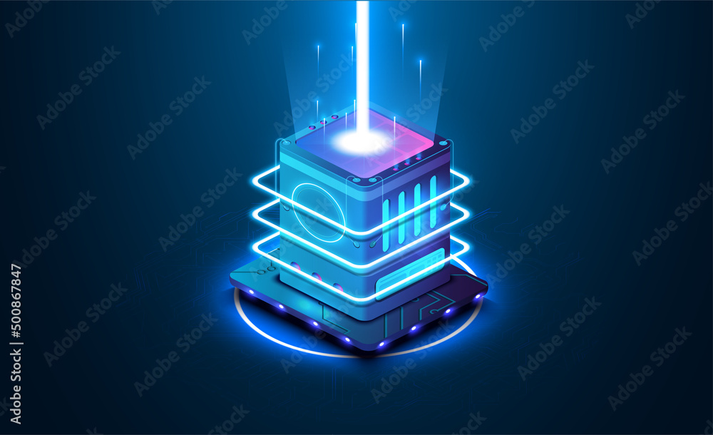 Data center server hardware and futuristic look up. The concept of big data technology, cloud information base, artificial intelligence. Template of page on information technologies theme. Vector - obrazy, fototapety, plakaty 