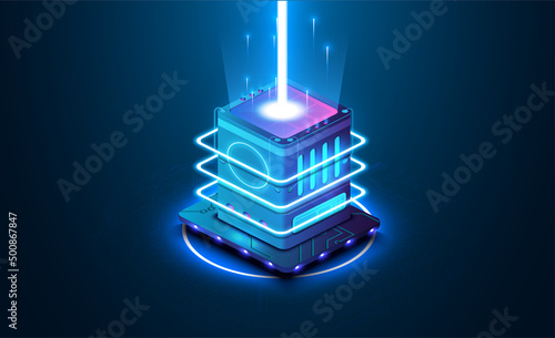 Data center server hardware and futuristic look up. The concept of big data technology, cloud information base, artificial intelligence. Template of page on information technologies theme. Vector