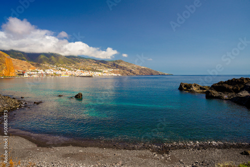 "Santa Cruz de La Palma" city seen from "Los Guinchos" beach, in Breña Baja town. (La Palma, Canary Islands, Spain).