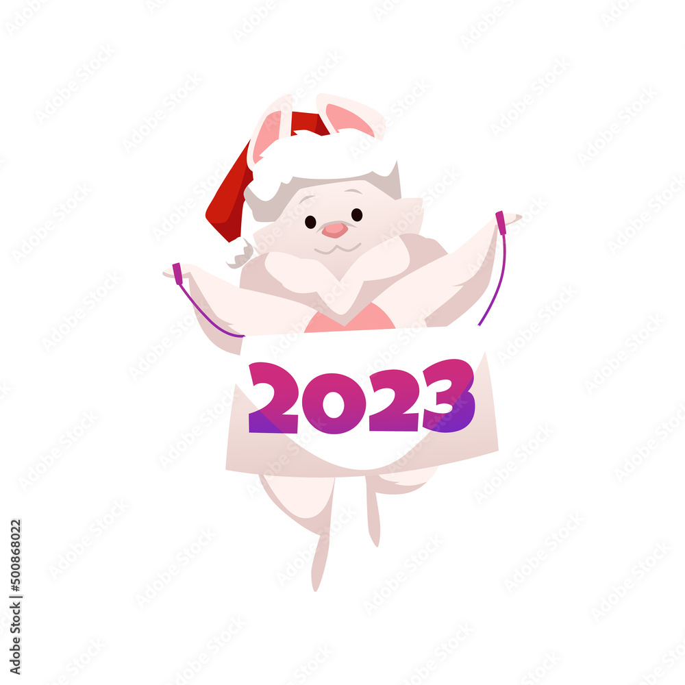 Cute cartoon rabbit in red santa hat, symbol of 2023 Happy Chinese new year Cute cartoon rabbit in red santa hat, symbol of 2023 Happy Chinese new year