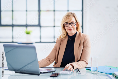 Smiling businesswoman working on a laptop at office desk