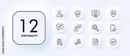 Consent icons set. Successful online purchase. PC is clean. Search for errors. Correct message. The payment went through successfully. Neomorphism style. vector eps 10