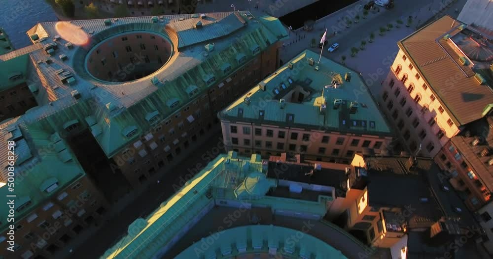 Aerial Forward Shot Of People Walking Towards Parliament House In City - Stockholm, Sweden