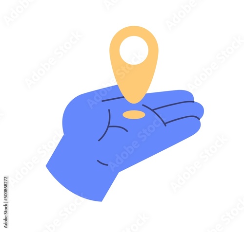 Pin point, location marker in hand icon. Map pointer, place mark, indicator in palm. GPS navigation, destination, position search concept. Flat vector illustration isolated on white background