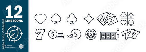 Casino icons set. Poker cards. Rates. Card suits. Slot machines. Earnings. Playing chips. Vector eps 10