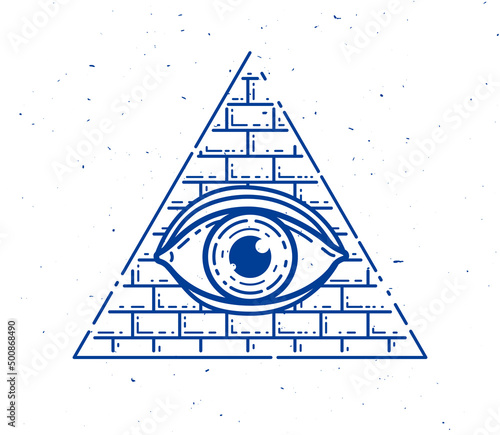 All seeing eye of god in sacred geometry triangle, masonry and illuminati symbol, vector logo or emblem design element.